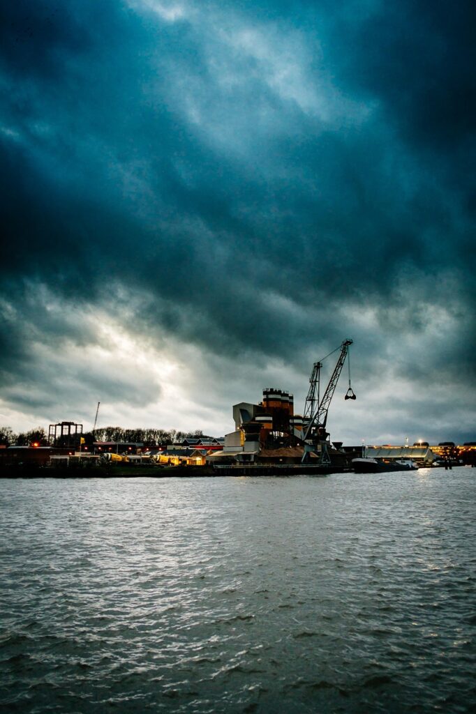 utrecht, harbour, water, port, netherlands, holland, sky, dramatic, clouds, nature, dark, storm, crane, logistics, transportation, infrastructure, cargo, waterfront, structure